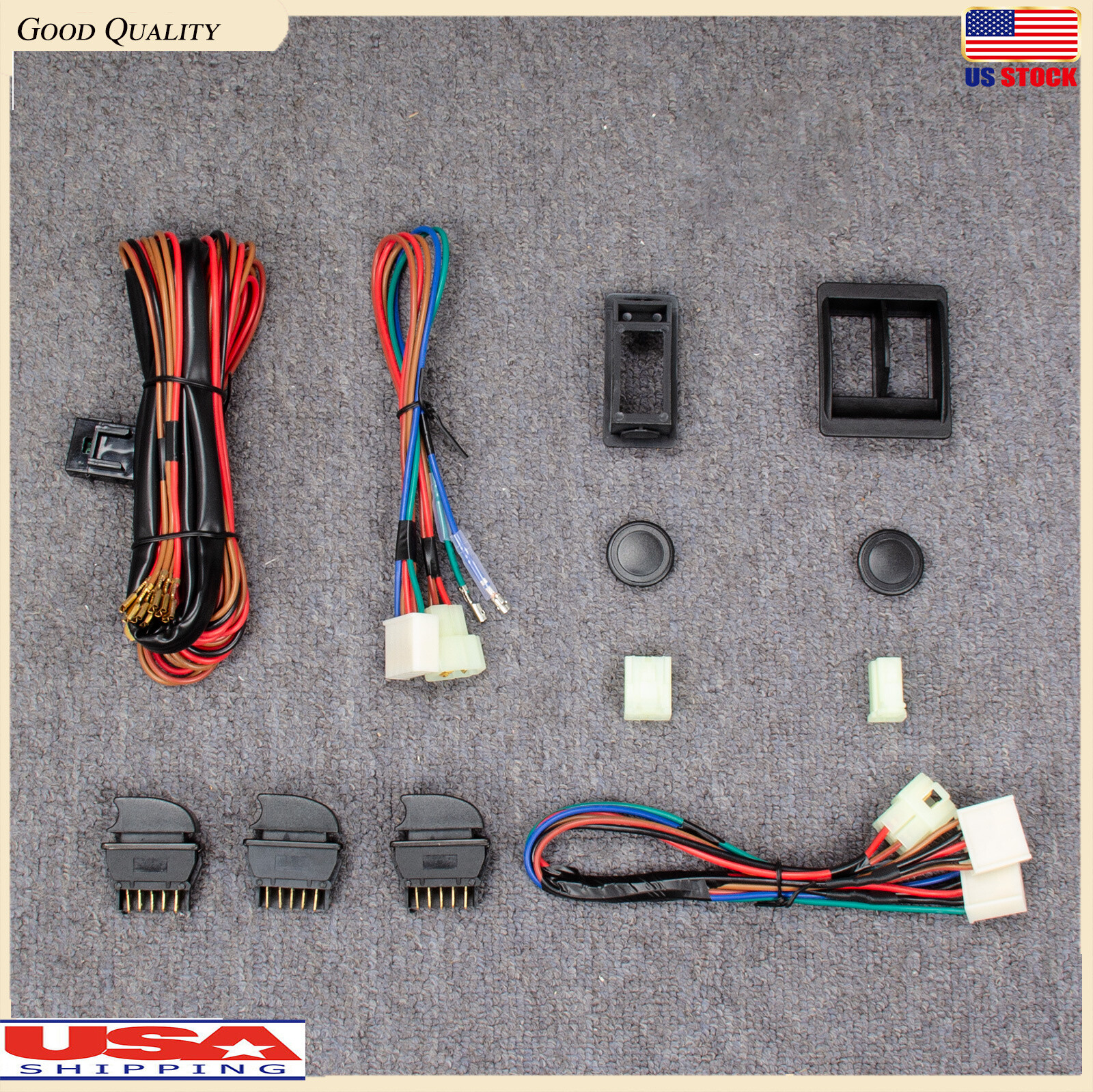 Universal 3 Switch Kit Car Door Lock Power Window &12V Wire Harness For