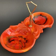 Vintage Cal Original 241 USA Divided Tidbit Dish With Handle Orange Black 12”