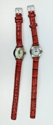 Two (2) Pulsar Women's Quartz Watches MOP Dial VC10-X017 Red Leather 90s AS IS