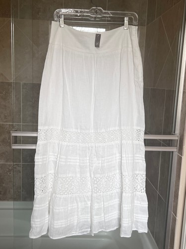 J Jill Womens White Maxi Linen Long Skirt Size 8 Tiered Crochet 100% Cotton