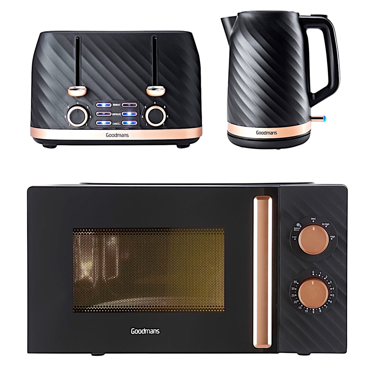 Kitchen Set Microwave Toaster Kettle Black Rose Gold Wave 3pc