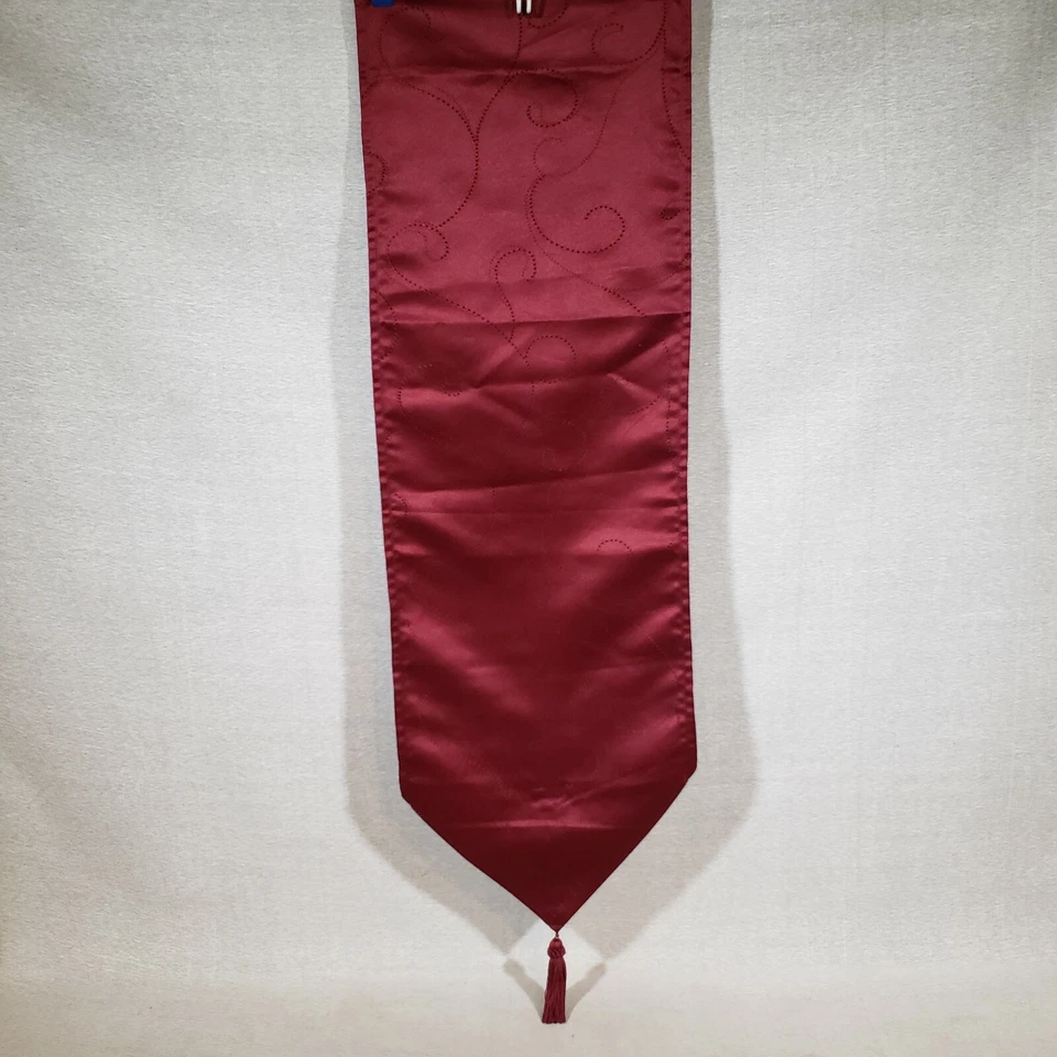 Rich Maroon Table Runner Pointed Ends Tassels Geometric Swirl Pattern 72"x13" - Image 2 of 4