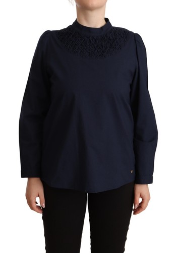 Masha Ma Bleu Soie Manches Longues Taille Élastique Haut Femmes Blouse