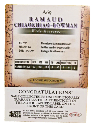 RAMAUD CHIAOKHIAO BOWMAN #61 2021 Sage Premier Draft A69 Autographed #10 - Picture 2 of 2