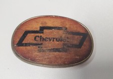 Vintage 1970s Chevy Chevrolet Belt Buckle Bowtie Lower Case LEATHER INLAY