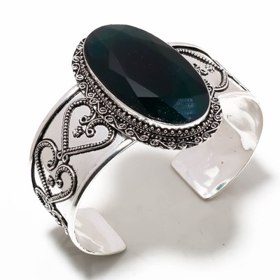 925 Sterling Silver Sakota Mines Emerald Gemstone Cuff Bracelet Jewelry Adjust.