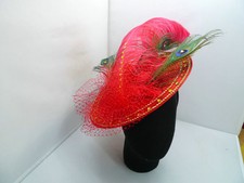 EXQUISITE HANDMADE RED STRAW FASCINATOR WITH LARGE OSTRICH FEATHER  CRYSTALS