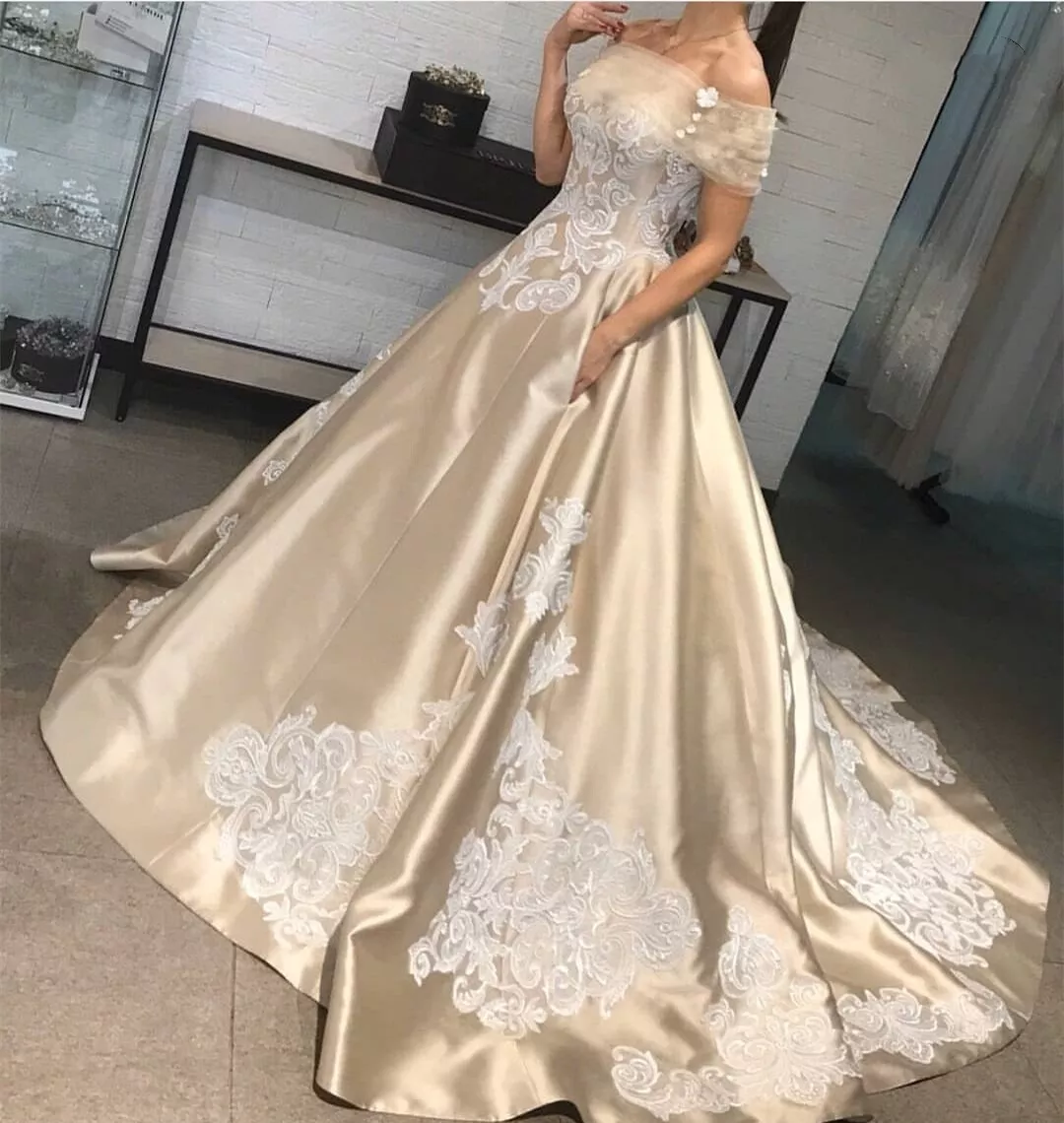 Gold Satin Wedding Dresses Off the Shoulder Lace Appliques Corset Back Plus  Size