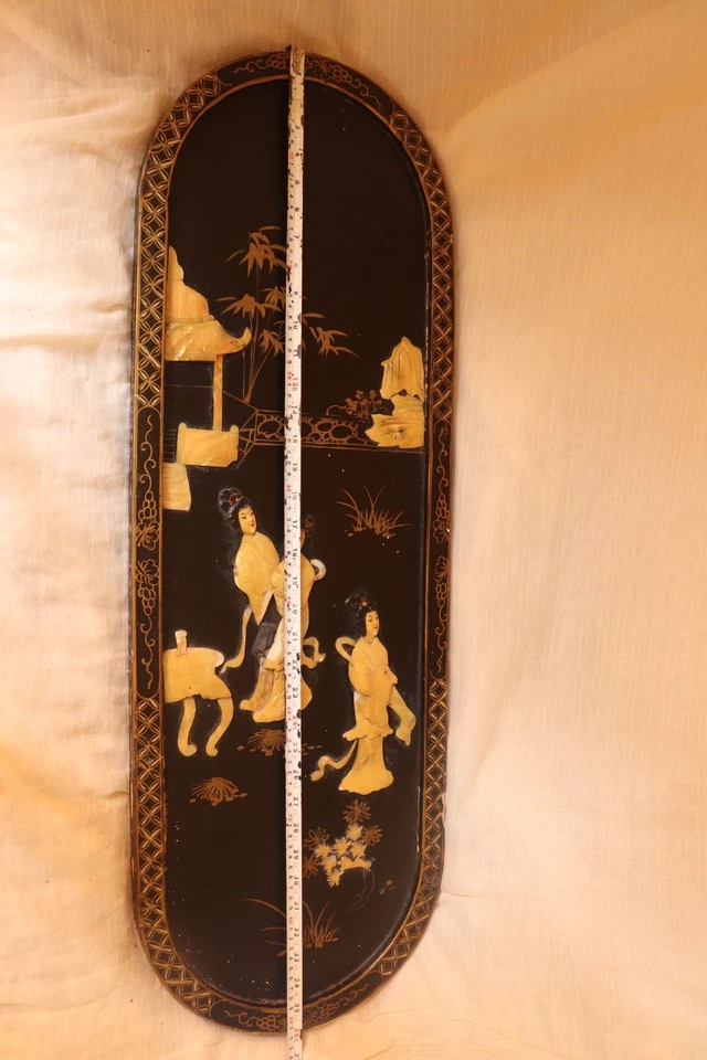 Винтажная азиатская китайская восточная черная лакированная и перламутровая настенная художественная панель - Изображение 4 из 4