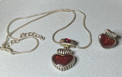 Silver Tone Red Heart Necklace & Earrings Adjustable Love Theme Jewelry Set