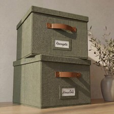 Decorative File Organizer Box Set of 2 Collapsible Linen Filing Cabinets