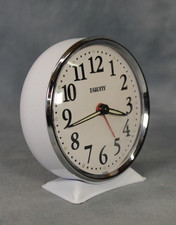 Vintage Equity White Enamel & Chrome Round Mechanical Alarm Clock Retro Working