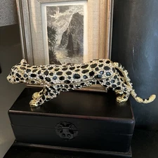 Leopard Trinket Box Jeweled Enamel Rhinestone Large 10" Long w/ BOX Great Gift!
