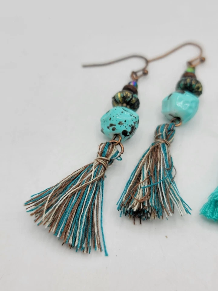 Boho Tassel Earrings Set Turquoise Beaded & Silver Mandala Festival Dangles - Image 3 of 4