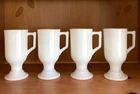 Lot of 4 Vtg White Milk Glass Pedestal D Handle Retro Tall Mugs Coffee Cups 5.5”