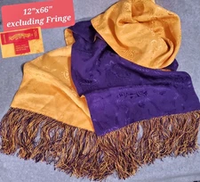 SHANGHAI TANG SILK SCARF DAMASK GORGEOUS GOLDEN YELLOW PURPLE FRINGED 12X66