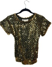 VTG Southeastern Gold Sequin Beaded Top Women Small 17"x21" Sparkle Disco Party