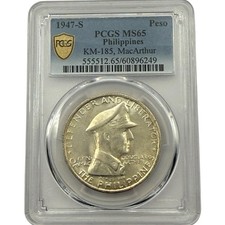 1947-S - Philippines Silver One Peso-PCGS MS 65 Gem-Douglass MacArthur