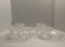 8 PC Indiana Tiara Glass Clear Sandwich Snack Luncheon Oval Plate & Tea Cup Sets