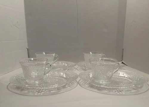 8 PC Indiana Tiara Glass Clear Sandwich Snack Luncheon Oval Plate & Tea Cup Sets