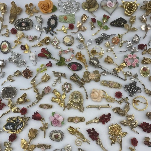 Lot of 100 Vintage ROSE FLOWER BROOCH Pins Rhinestone Enamel Costume Jewelry