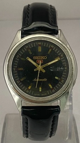 Vintage Classic Automatic Seiko5 Black Dial 7009 with "D/D" Watch Leather Strap