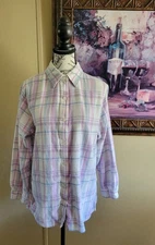 Blair Womens Large White Blue Pink Plaid Long Sleeve Button Up Flannel Shirt
