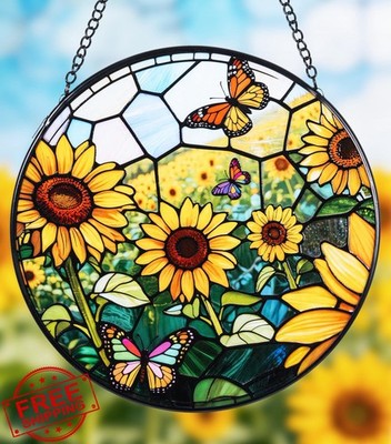Stained Glass Sunflower Suncatcher 7.8 Inch Boho Wall Art Decor Panel