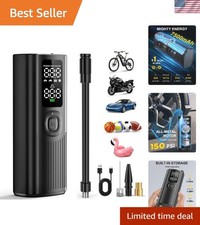 Portable 150 PSI Tire Inflator with Digital Gauge & LED Light - Cordless Design
