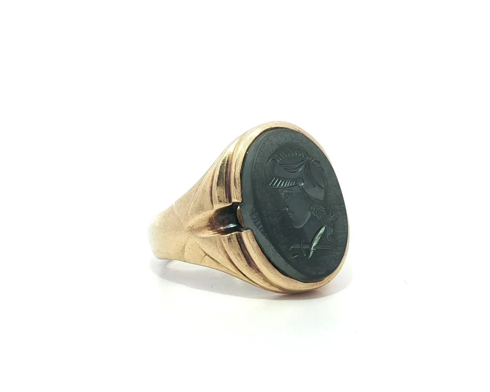 Anillo acanalado hematita talla troyana intaglio oro amarillo 10k vintage para hombre Foto 4 de 4