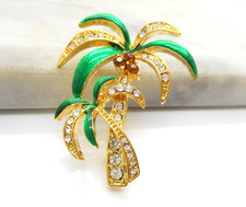 Palm Tree Coconut Crystal Brooch Pin Gold Plated