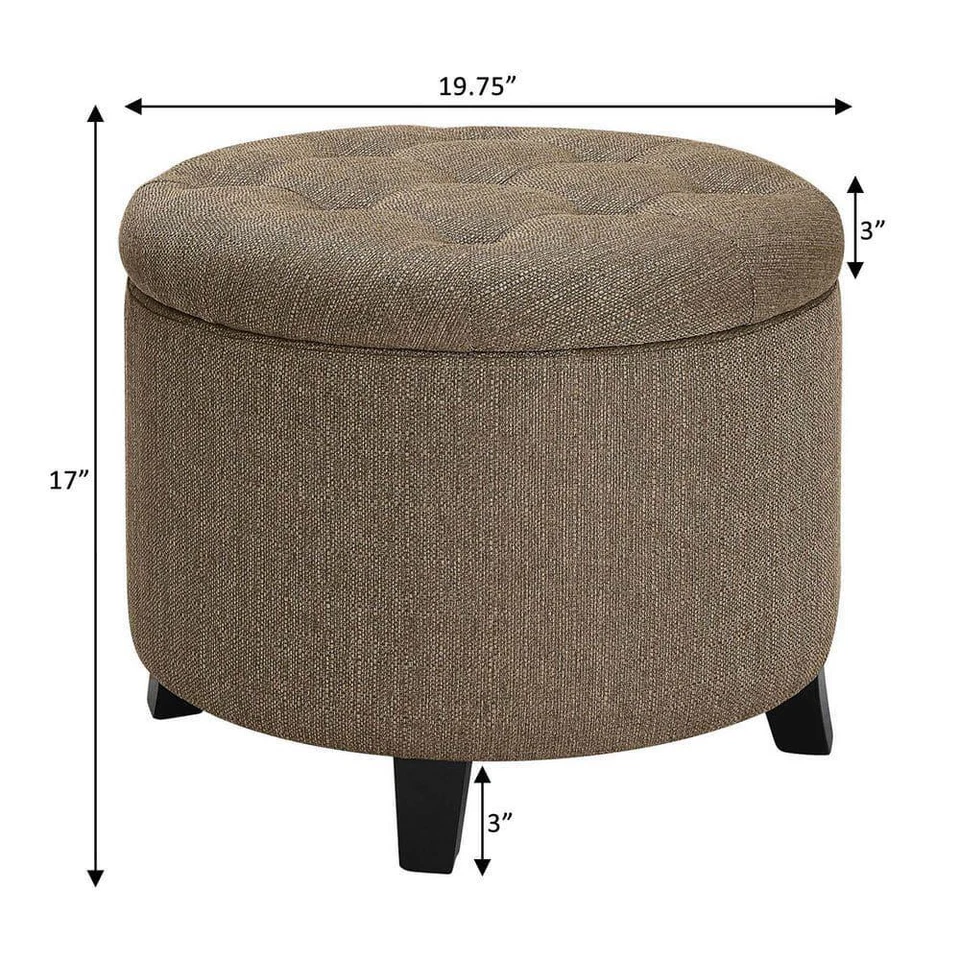 Storage Ottoman Sandstone Beige Fabric Round Removable Lid Foam Cushioned Top - Image 4 of 4