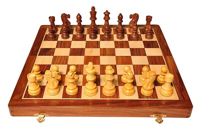 Handmade Folding Wooden Chess Board Set with Non Magnetic Pieces 18x18 Inch