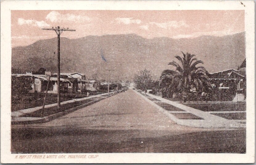 Vintage MONROVIA, California Postcard "N. May Street from E. White Oak
