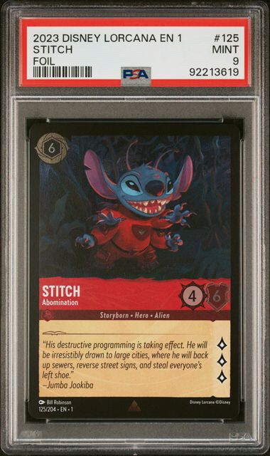 2023 DISNEY LORCANA FIRST CHAPTER #125 STITCH  ABOMINATION FOIL PSA 9 MINT  RARE