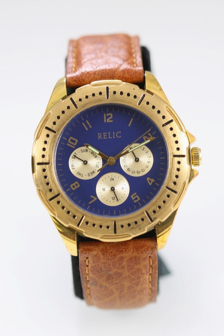 Relic Watch Men Gold Stainless Steel WR Brown Leather Day Date