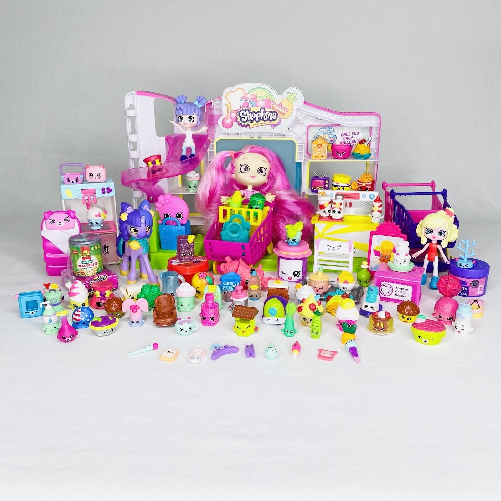 SHOPKINS Small Mart Supermarket Dolls Pony & Accessories HUGE 96 Piece Lot Rare
