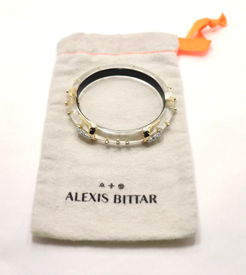 ALEXIS BITTAR WHITE LUCITE GOLD BUCKLES AND CRYSTAL STUDS HINGED BANGLE BRACELET