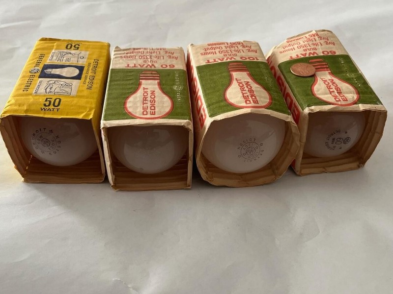 Vintage Detroit Edison GE 100 60 50 Watt Light Bulbs Package Working Exchange x4