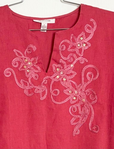 NWT JM COLLECTION PINK LINEN EMBROIDERED SEQUINS TUNIC BLOUSE NEW WM SZ12 (MEAS) - Picture 3 of 7