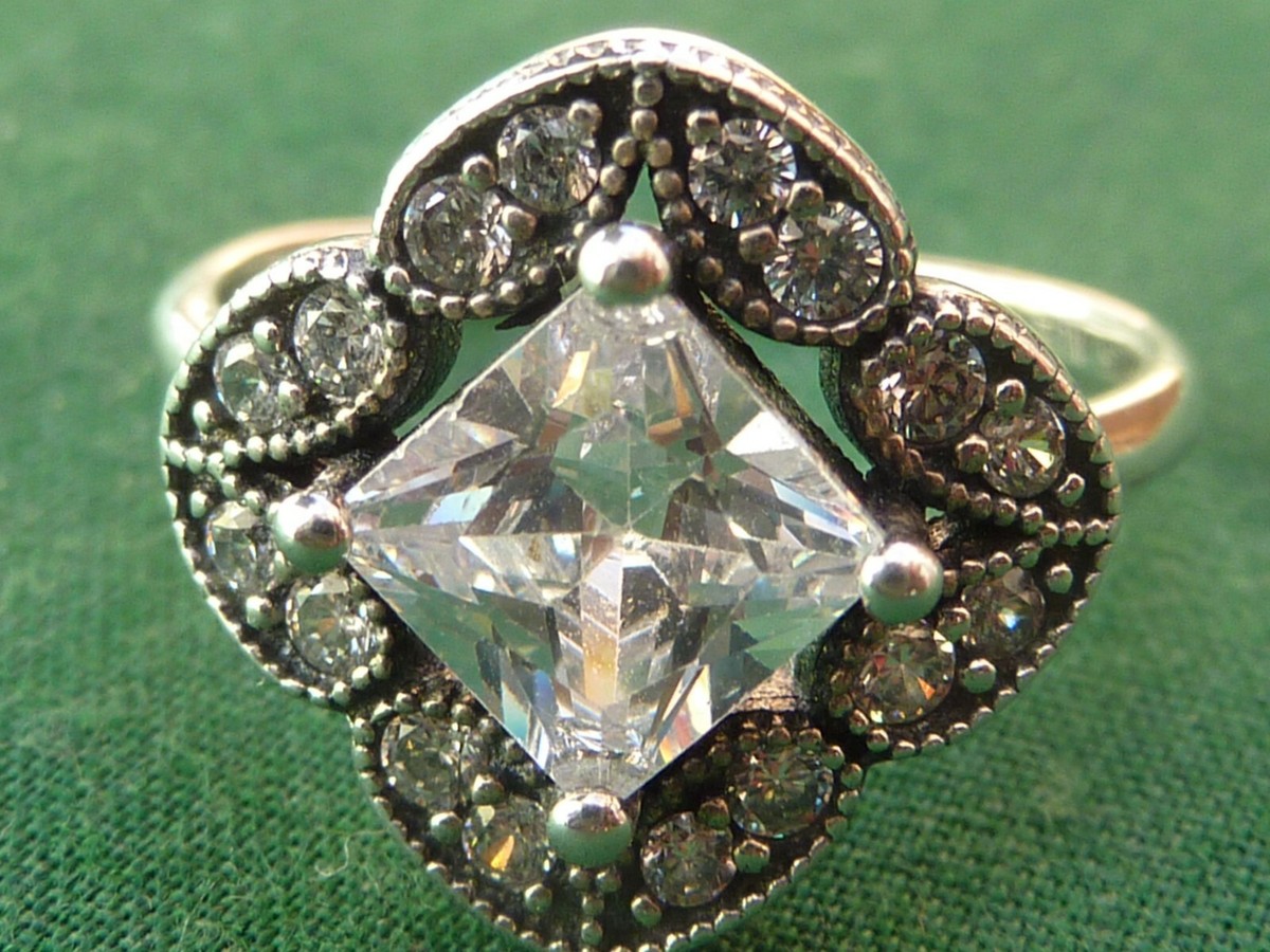 SIZE K/L PANDORA S925 ALE 52 RING FLORAL WITH SQUARE STONE UK