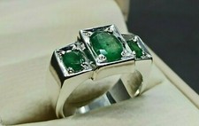 Natural Rich Green Three Zambian Emerald Sterling Silver 925 Handmade Mens Ring
