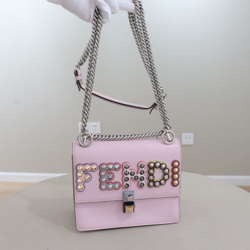 FENDI Kan I Light Pink Rainbow Studded Small Crossbody Shoulder Bag Calfskin