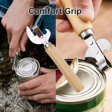 Wooden Handle Can Opener   Durable Stainless Steel Tin Cutter - NEW