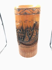 Bamboo Brush Pots  Habor    Scene 8 "  Japanese Carved Vintage