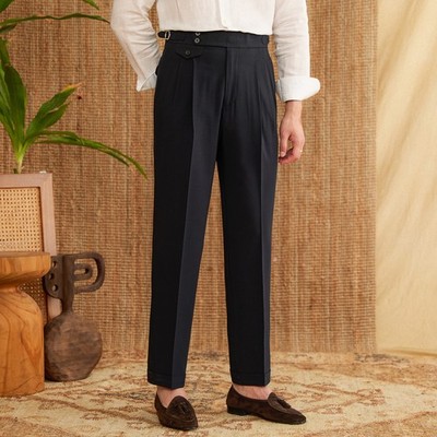 Lightweight Retro Men's Italian Naples High Waisted Trousers Wool Casual Pants