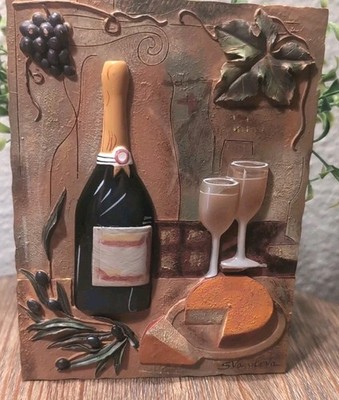 3D Wall Plaque S. Vassileva Wine Bottle Glass Grapes Kitchen Decor Italy Cottage