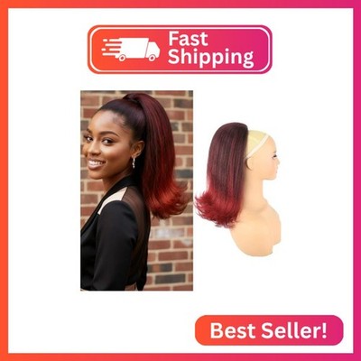Black to Burgundy Ombre Drawstring Ponytail Extension with Flicked Ends 14 Inch