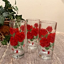 Crisa Red Roses Highball Glasses Set of 3 Vintage Crisa Libbey Glassware