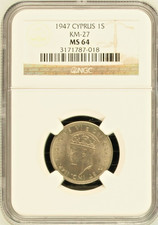 CYPRUS 1 shilling 1947 in UNC graded by NGC as MS64 VERY RARE in this grade